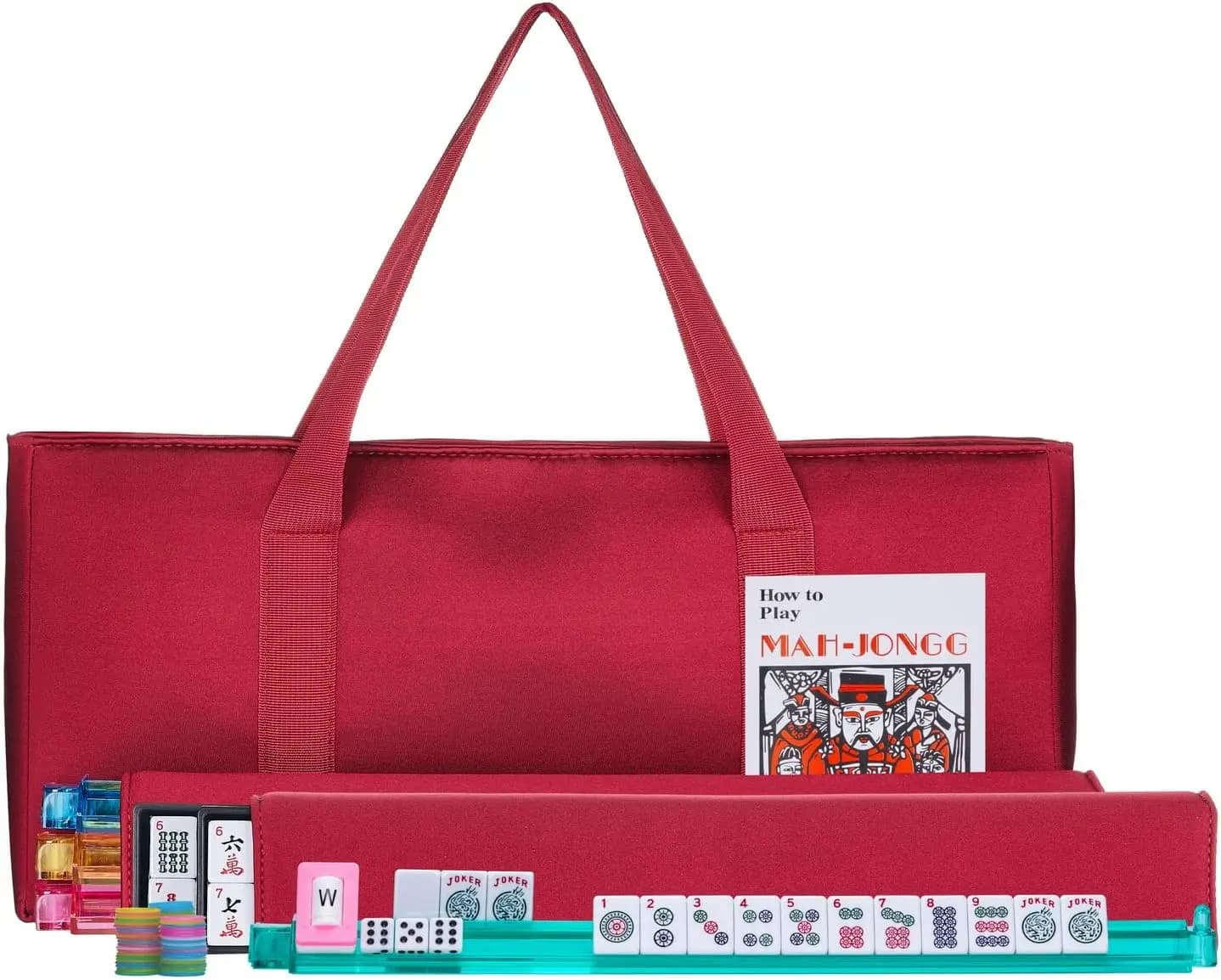 Set Mahjong Americano con Borsa Morbida Rosso Borgogna, 166 Tessere Bianche Incise, 4 Supporti/Spingitori Tutto-in-Uno per Gioco Mahjong Occidentale