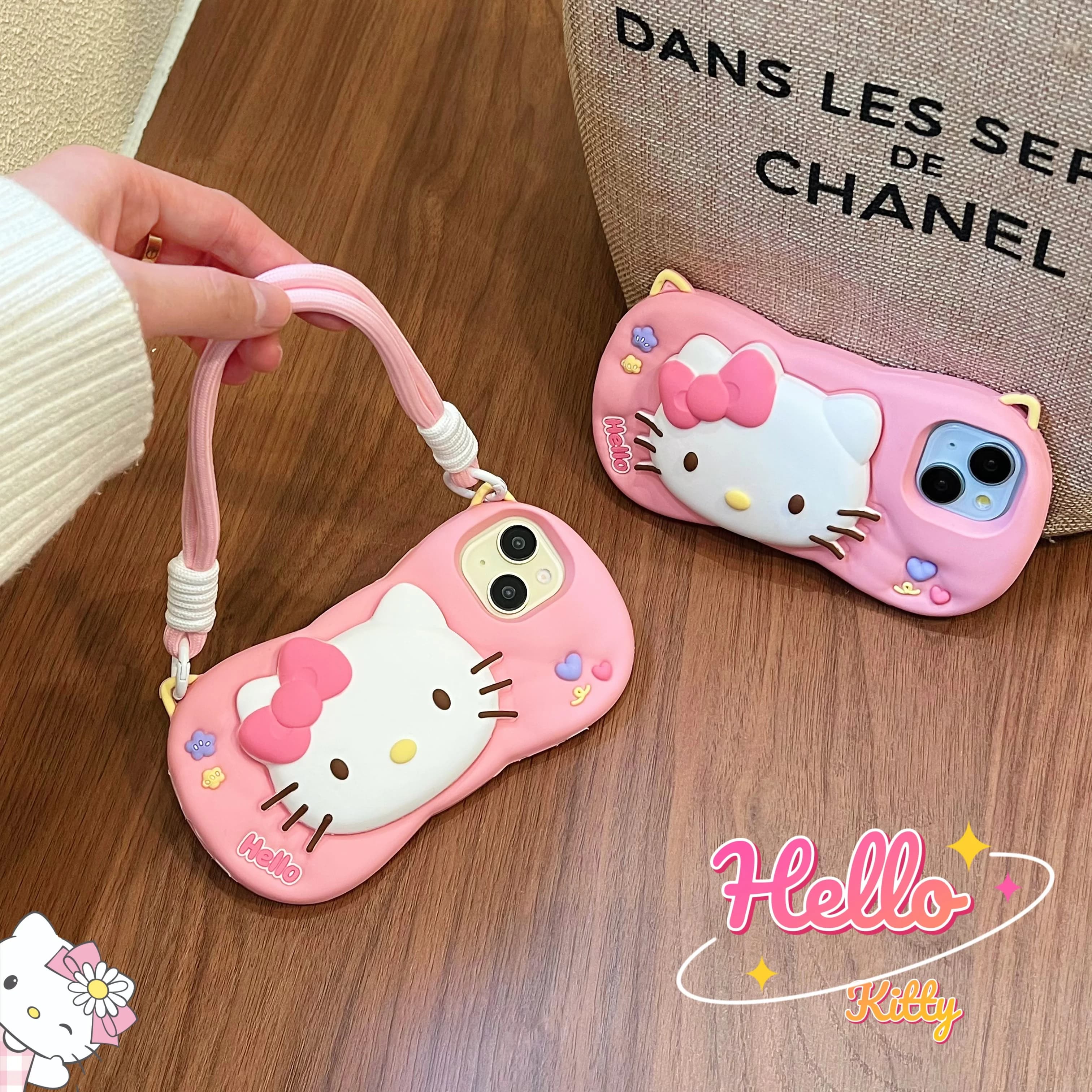 Supporto per telefono Kawaii Hello Kitty con impugnatura e laccetto per iPhone 17 16 15 14 13 12 Pro Max Plus 17 Pro, cover posteriore 3D in silicone morbido