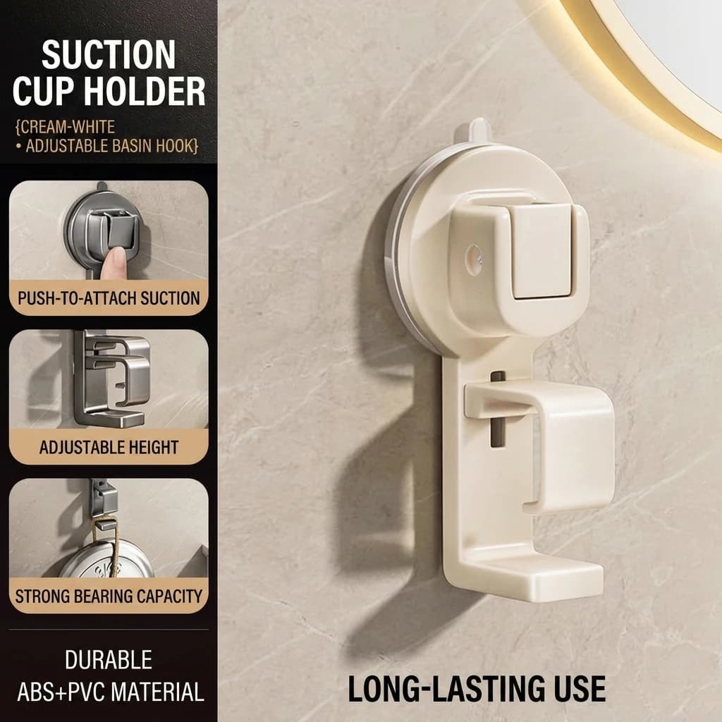 Suction Cup Basin Holder Rack Wall Mounted Silicone Durable Adjustable Hook for Bathroom Shower for 5kg Capacity