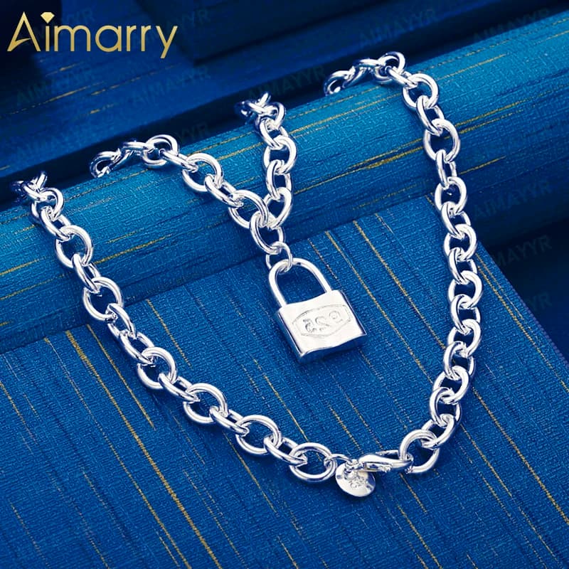 925 Sterling Silver Minimalist Lock Necklace 18 Inch Women's Banquet Party Engagement Wedding Fashion Jewelry