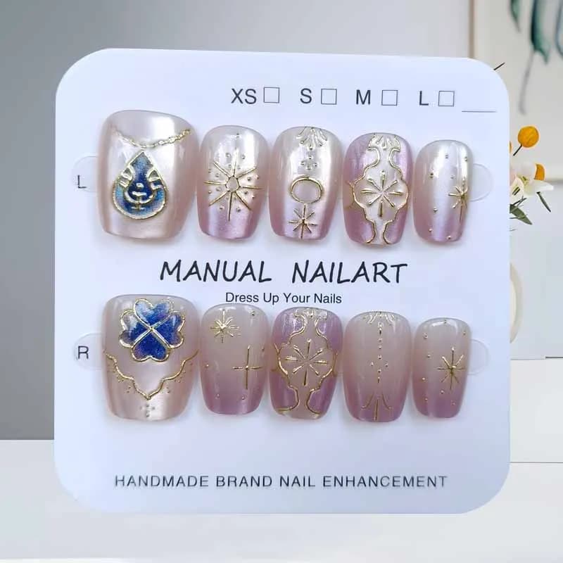 10 pieces cute quadrifoil golden eye cat print on nails tempering exhibition white delicious and high-end nail art