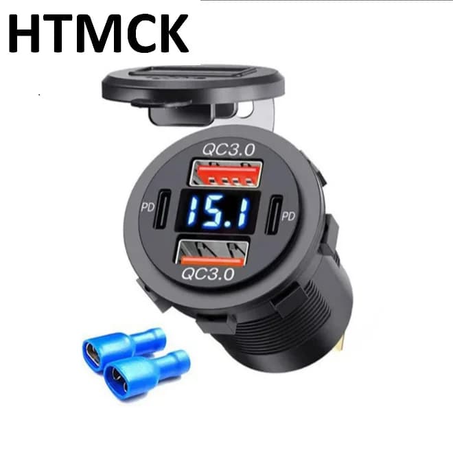 96W Dual PD QC3.0 USB Car Motobike Charger with Voltmeter Socket Power Outlet Adapter Waterproof for 12V/24V Car Boat Truck Moto