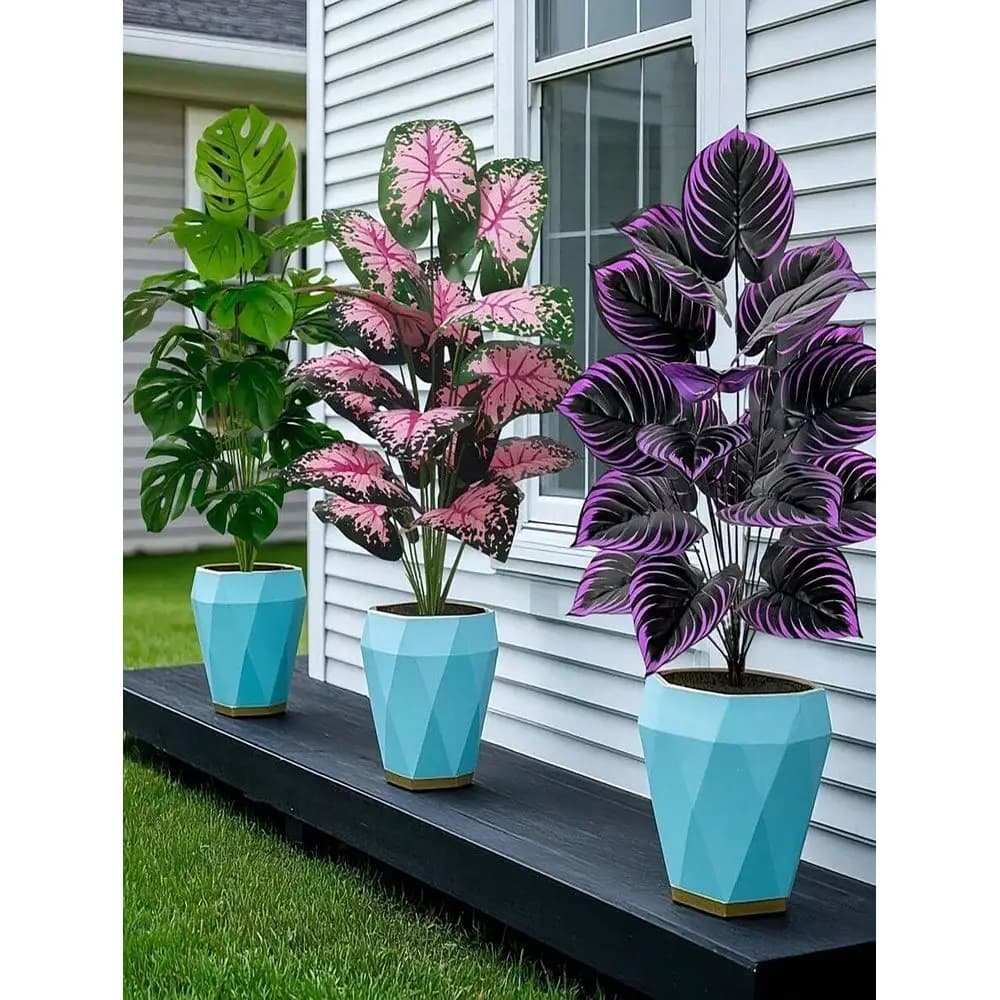 Set di Grandi Piante Artificiali, Set di Piante Finte Realistiche con Piante Viola, Foglie Rosa di Monstera per Decorazioni Casa, Giardino, Patio