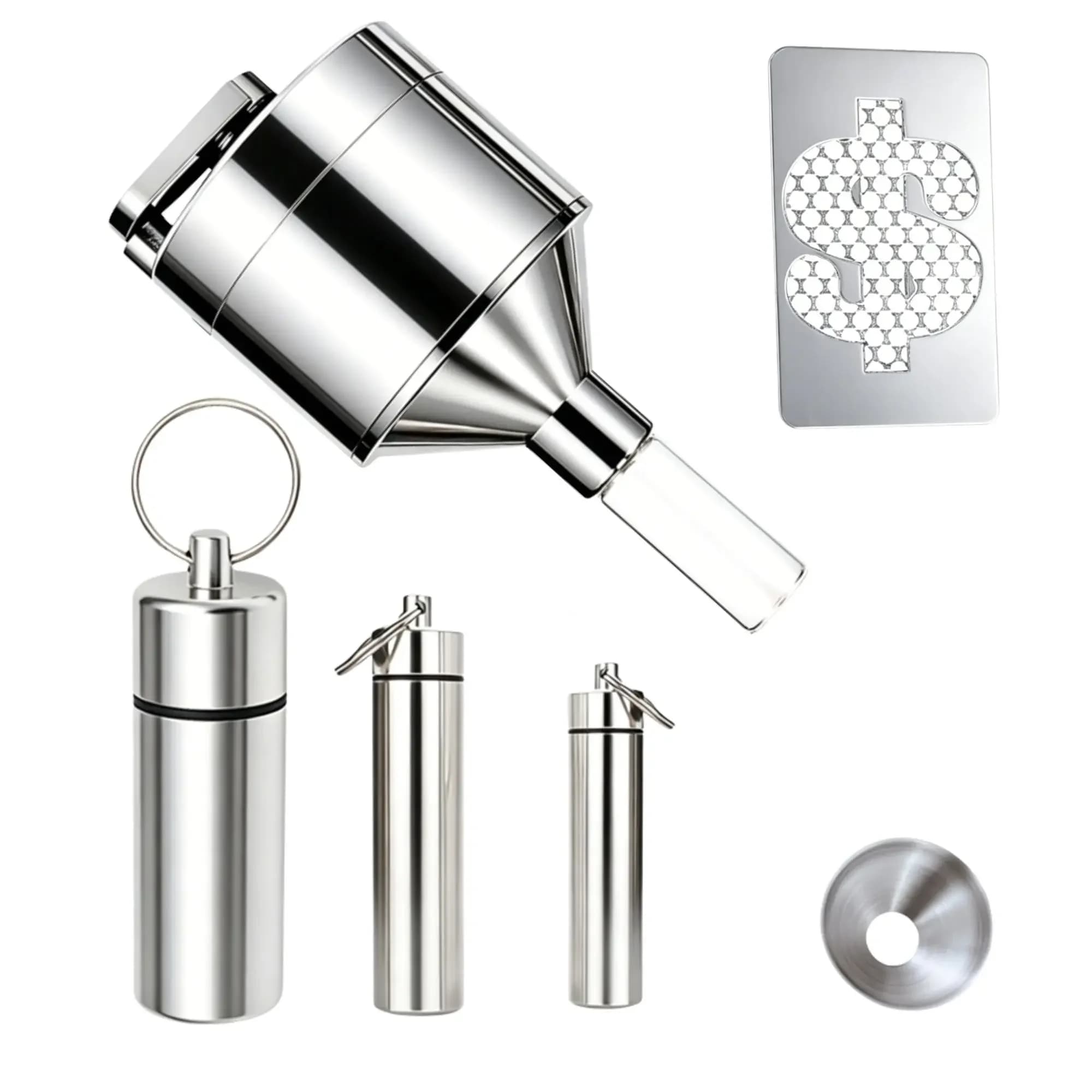 Kit Compatto per Macinare Spezie con Contenitori, Cucchiaio e Imbuto a Bocca Larga, Accessori di Precisione per la Gestione di Polveri Fini