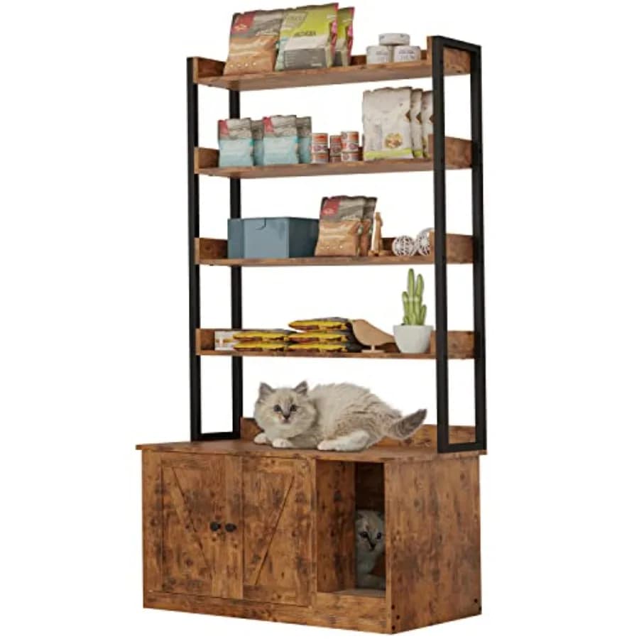 Mobiletto per lettiera con 4 ripiani e ante, grande, in legno, per gatti, con spazio di archiviazione e zona grattaggio, adatto alla maggior parte delle lettiere.