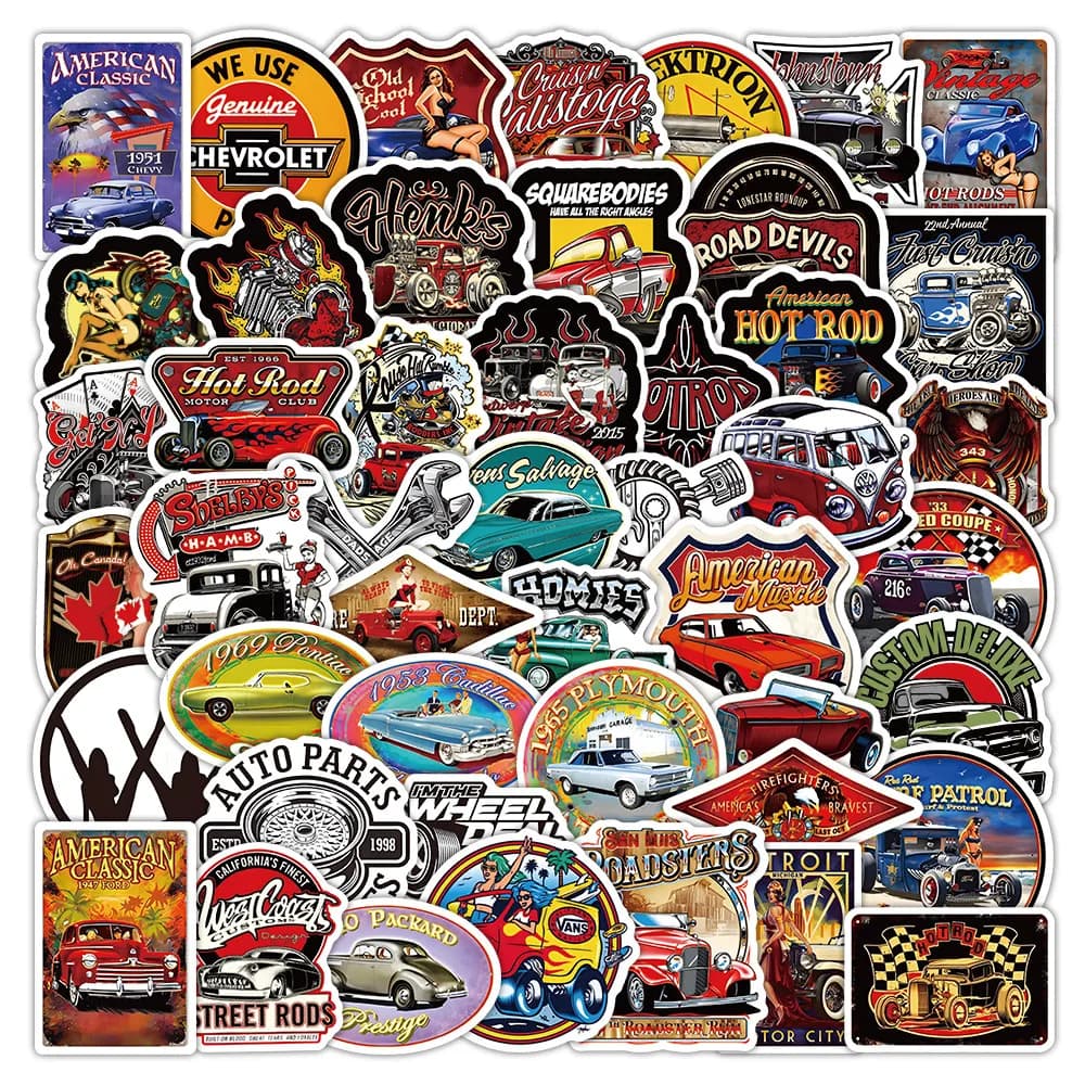 52 Adesivi Americani Retrò per Auto e Hot Rod - Decorazioni Impermeabili Fustellate per Cover di Telefoni, Quaderni e Progetti Fai-da-Te Papery Pop Store