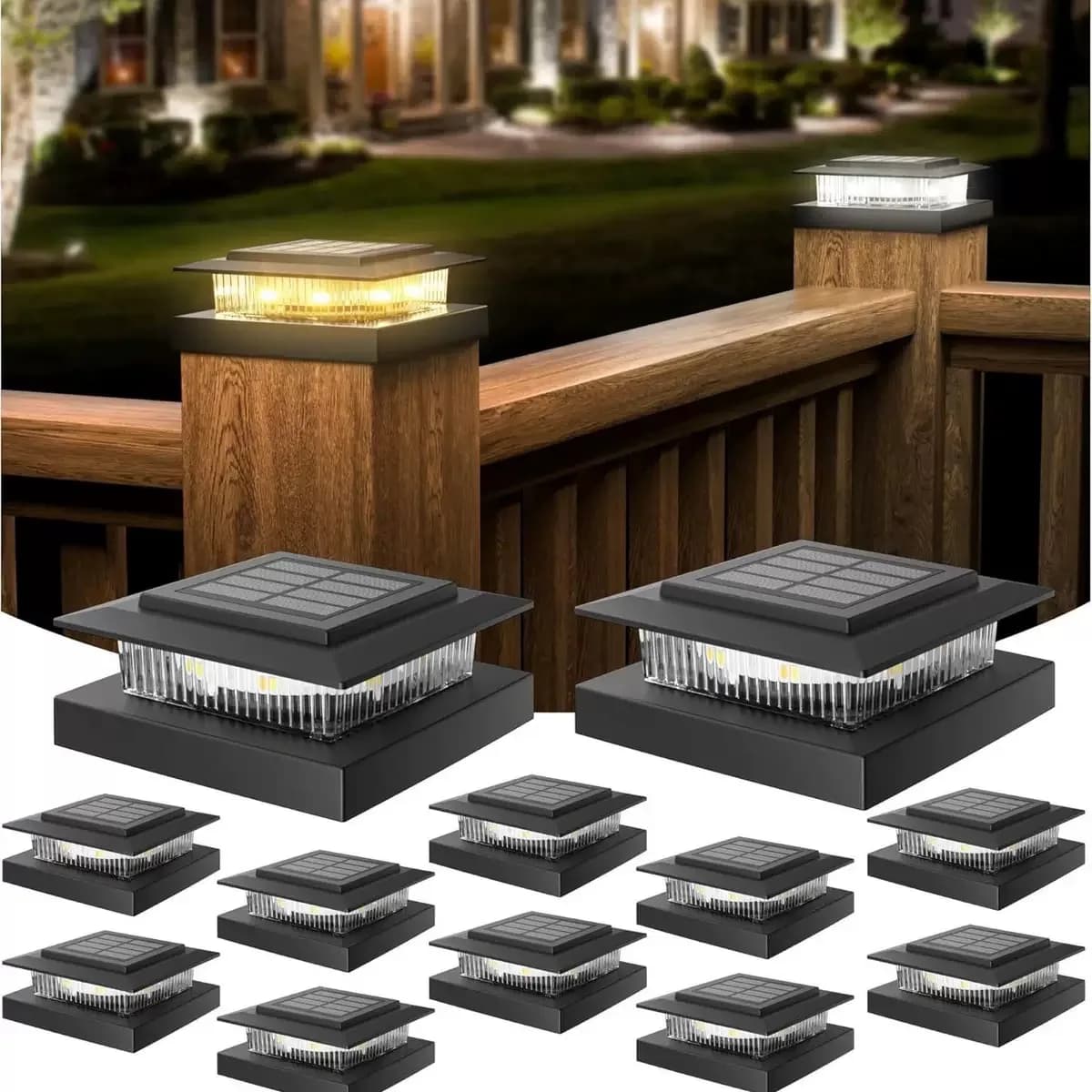 Luci Solari per Pali 4x4 da Esterno con 2 Modalità di Illuminazione, 12 Pacchi di Luci LED per Pali Alimentate a Energia Solare Impermeabili
