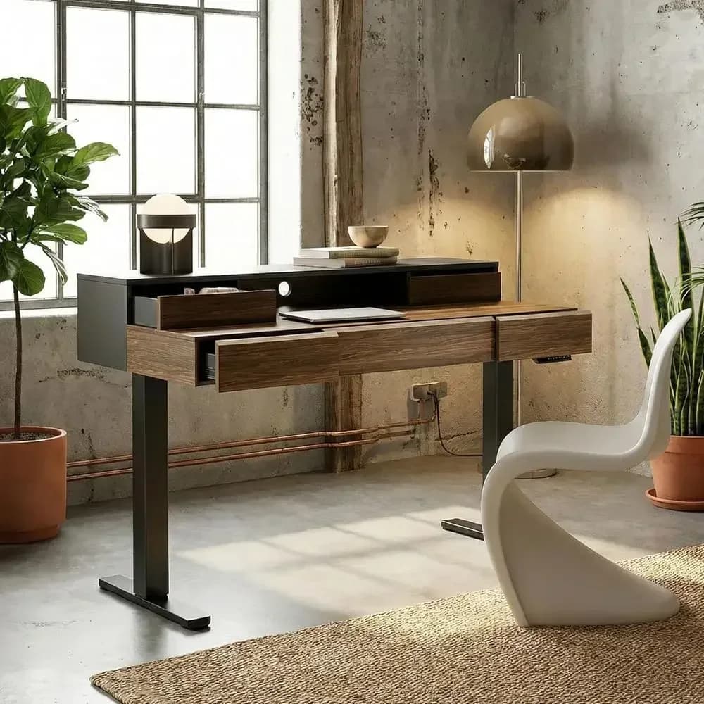 Solid Wood Electric Standing Desk, 48x26, Desk Riser Included, Compatible with C-Clamp Monitor Arms, Espresso Finish