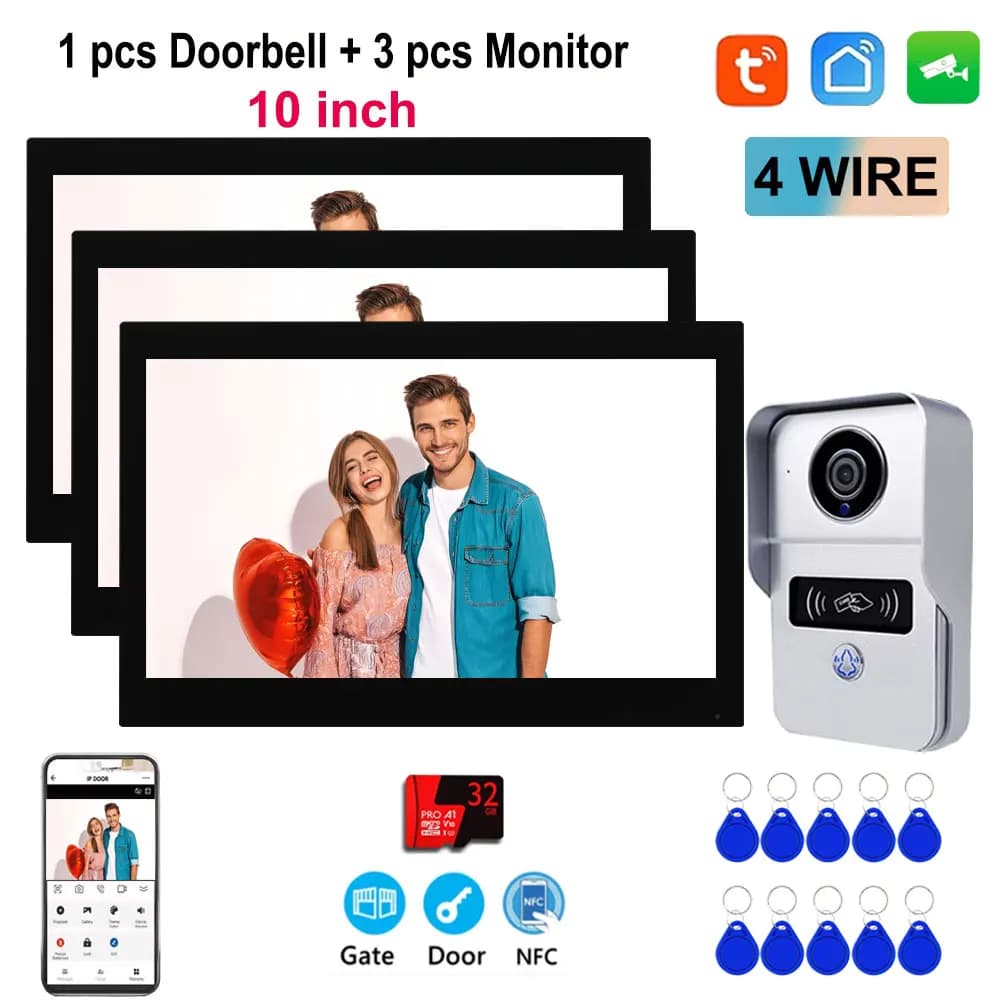 Wireless WiFi video intercom with 10 Inch Touch Screen, 1V2/1V3, 32G HD, Tuya Smart Home, Video Recording, Interphone, APP, RFID Unlocking