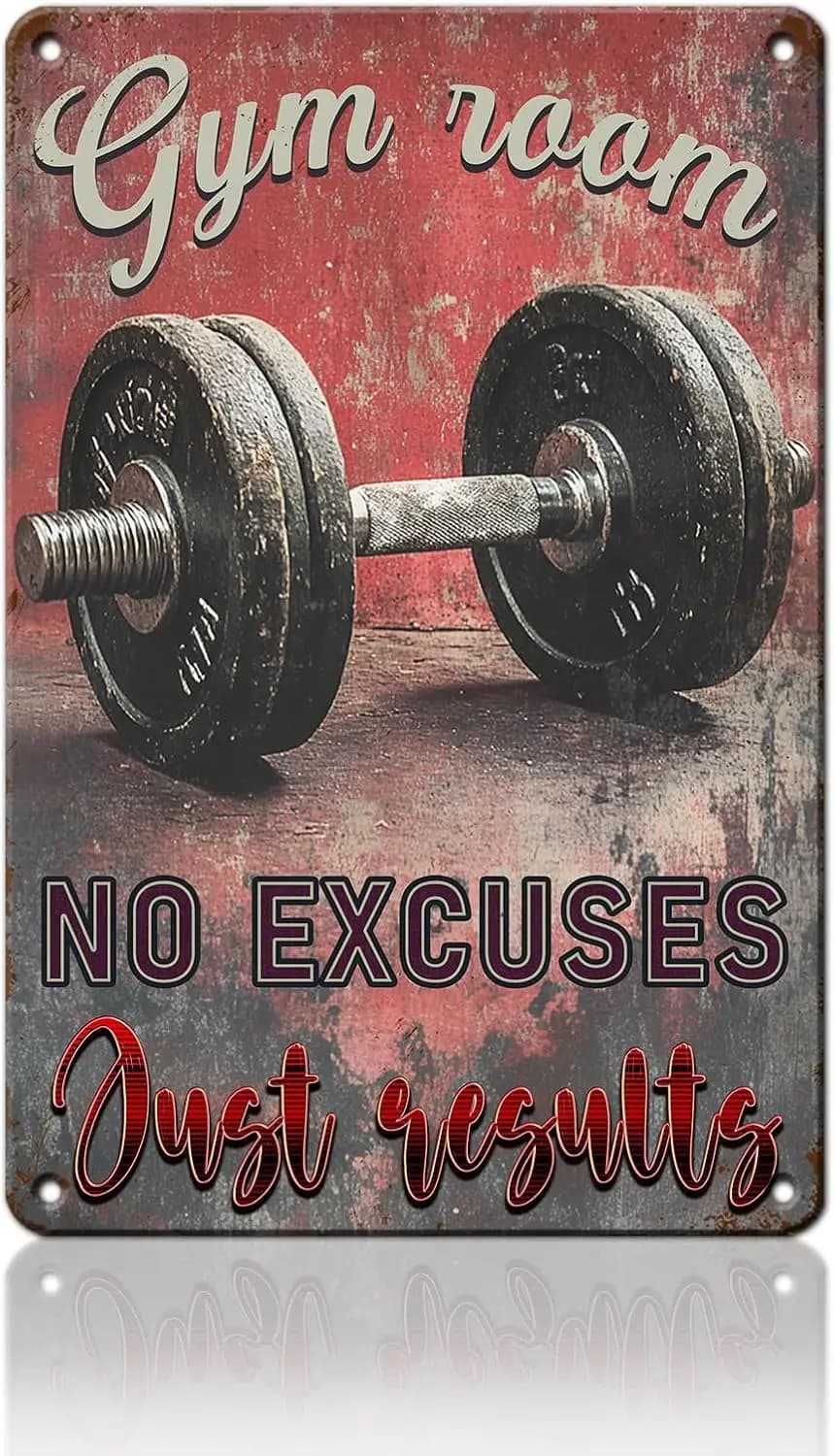 No excuses, only results - Vintage metal poster for gym, weight lifting, fitness, plate in tin