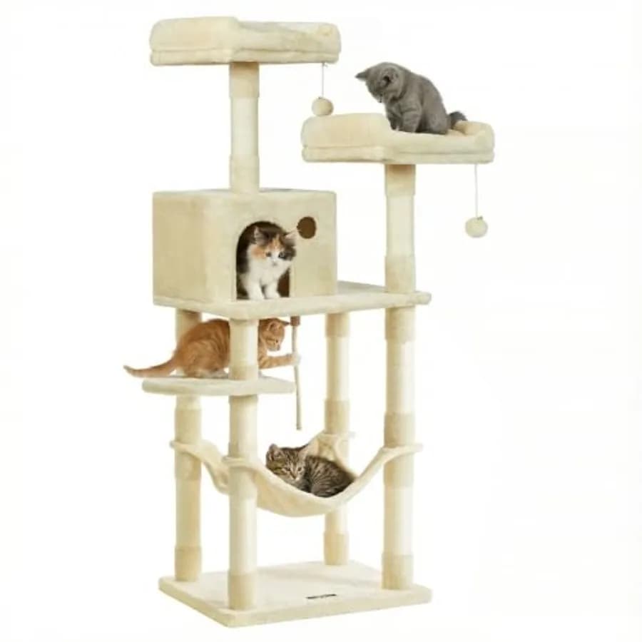 Tiragraffi per gatti da 143 cm per interni, in tessuto felpato grigio, con posti di grattamento in sisal resistente, ammaccatura in morbida pelliccia sintetica, amaca e cuccia