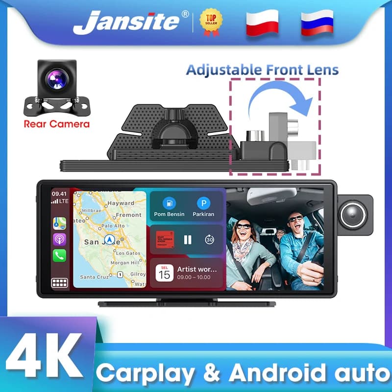 Jansite Car DVR 4K Dashcam Mirror Recorder Video Player Wireless Carplay Android Auto Dual Lens Rear Camera Adjustable Front Cam