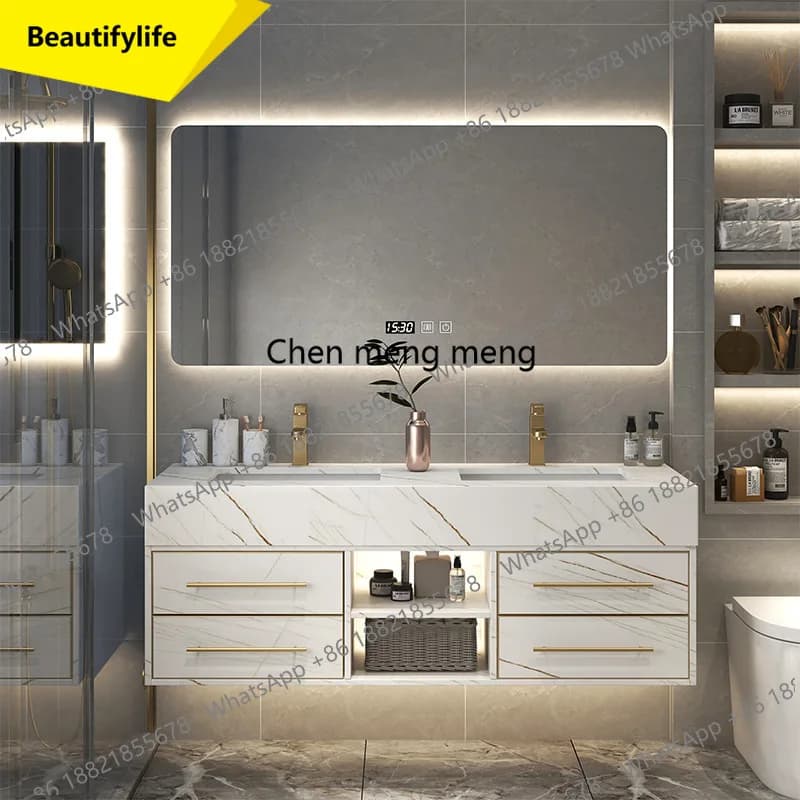 a13 Mobiletto da bagno di lusso in legno massello, lavabo con lastra di roccia, mobiletto da toilette combinato con specchio intelligente, mobiletto da bagno