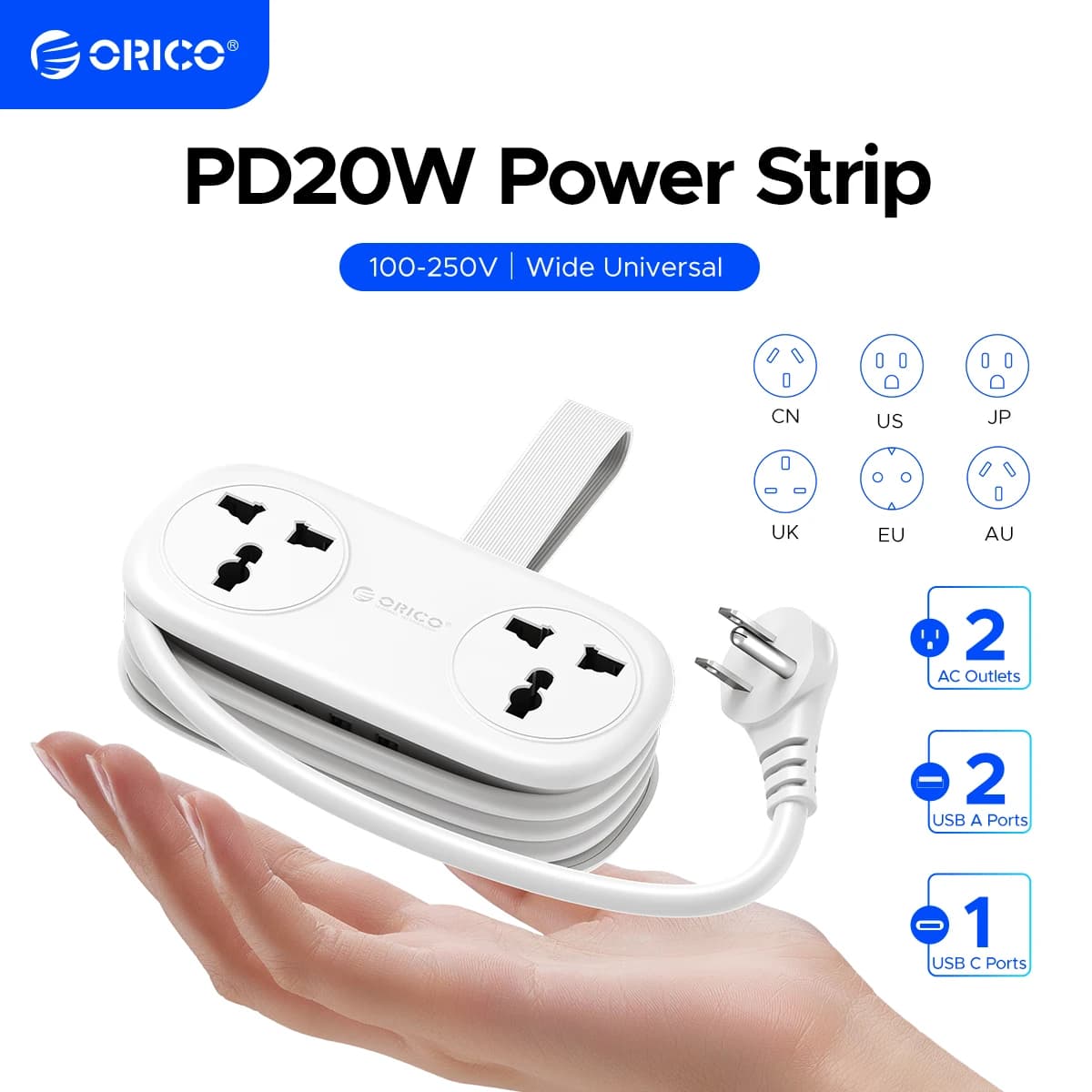 Presa multipla elettrica Spina ORICO Prese 2AC 2 USB 1 Tipo C Cavo di prolunga da 1,1 M Spine di ricarica rapida da 20 W per adattatore da viaggioHome