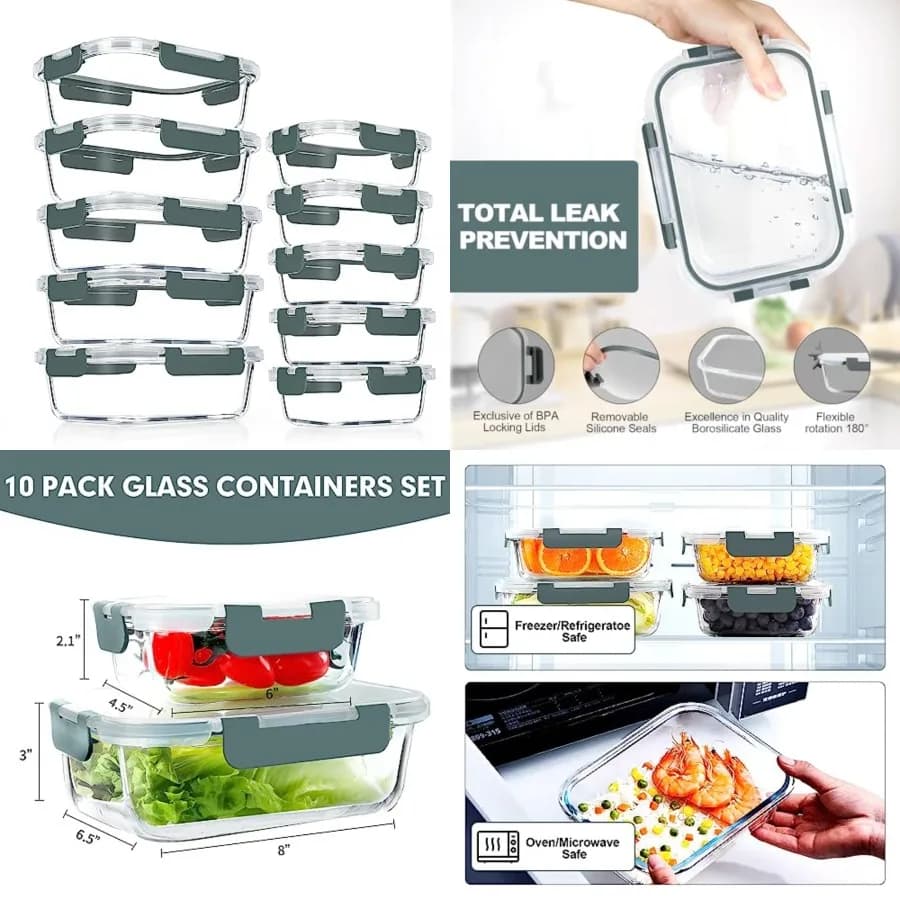 Set di 10 Contenitori in Vetro per Preparazione Pasti, Contenitori Ermetici in Vetro per Pranzo, Set di Contenitori Impilabili in Vetro per Conservazione Alimenti con Coperchi, Es.