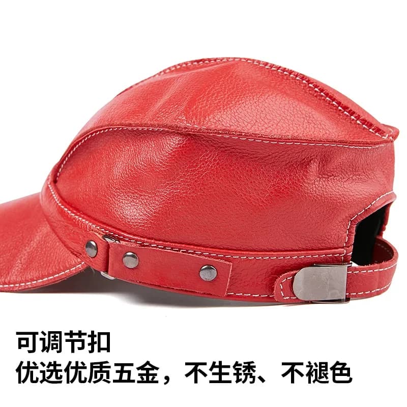 2026 Berretto da baseball da uomo in vera pelle con paraorecchie - Cappello con visiera in pelle a grana superiore rosso brillante per l'inverno casual
