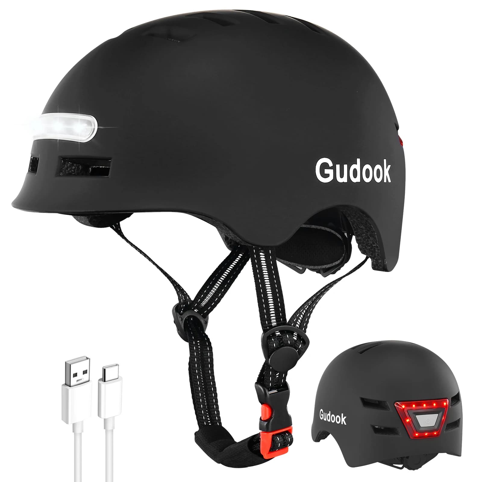 GUDOOK Adult Bike Helmet with Light - Male Bicycle Helmets - Woman - Front and rear LED Lights for scooter, cycling, skating