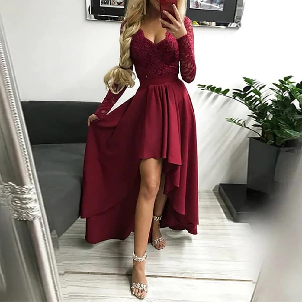 Abito da sera elegante da donna con pizzo e patchwork, maniche lunghe, scollo a V profondo, orlo irregolare, per feste autunnali, ballo di fine anno, vestito lungo da donna