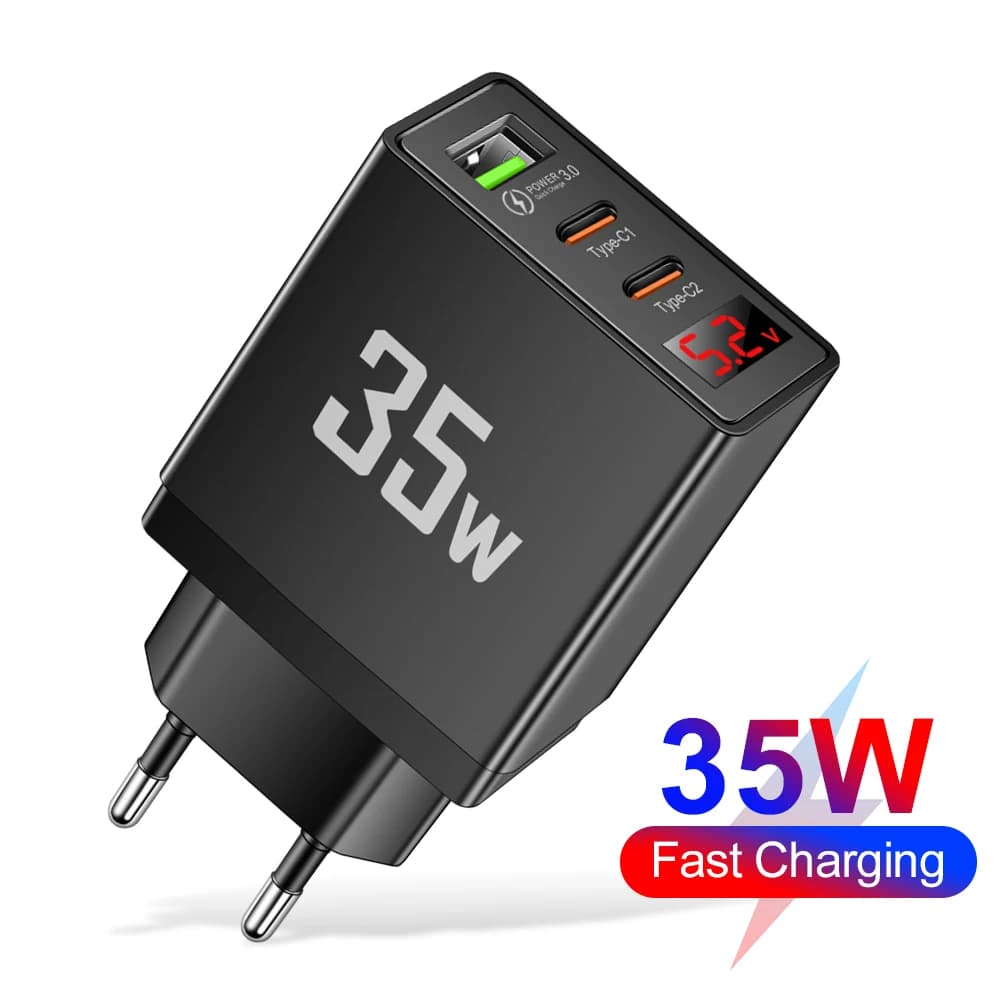 Adattatore per cellulare da 35W con porta USB-C, caricatore rapido a doppia porta USB, caricatore da parete a ricarica rapida per iPhone 15, Xiaomi, Samsung, Oneplus