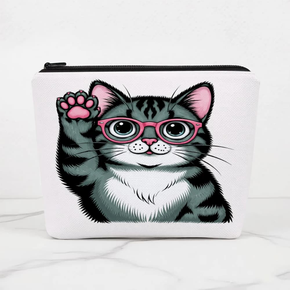Borsetta porta trucchi e cosmetici a forma di gatto con occhiali e zampa, astuccio da viaggio per ragazze