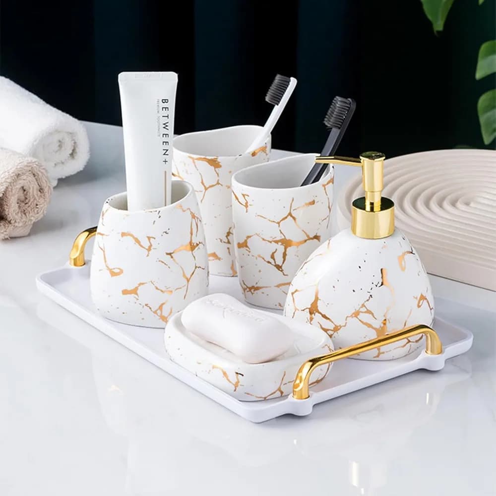 Set di accessori da bagno bianchi in ceramica moderna, set di dispenser per sapone effetto marmo dorato, portaspazzolino, vassoio per bicchieri da appoggio