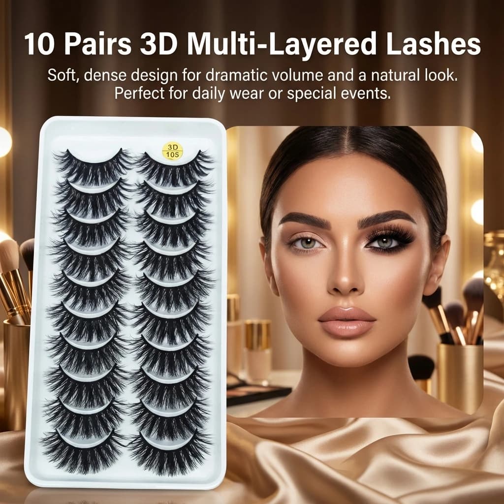 3D fake eyelashes, 10 pairs, soft, thick, multi-layered design, for everyday use and cosplay makeup for parties.