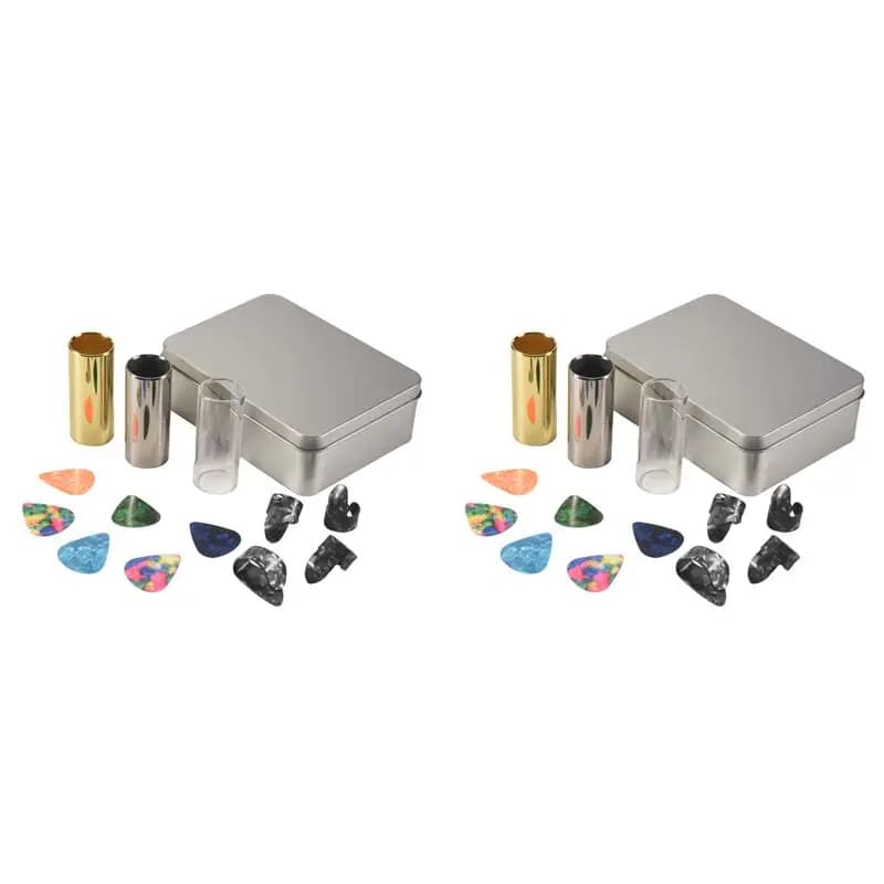 Set di 2 slide per chitarra A89E, 2 slide in vetro, 2 slide in acciaio e 2 slide in ottone, 12 plettri per chitarra e 8 plettri per dita.