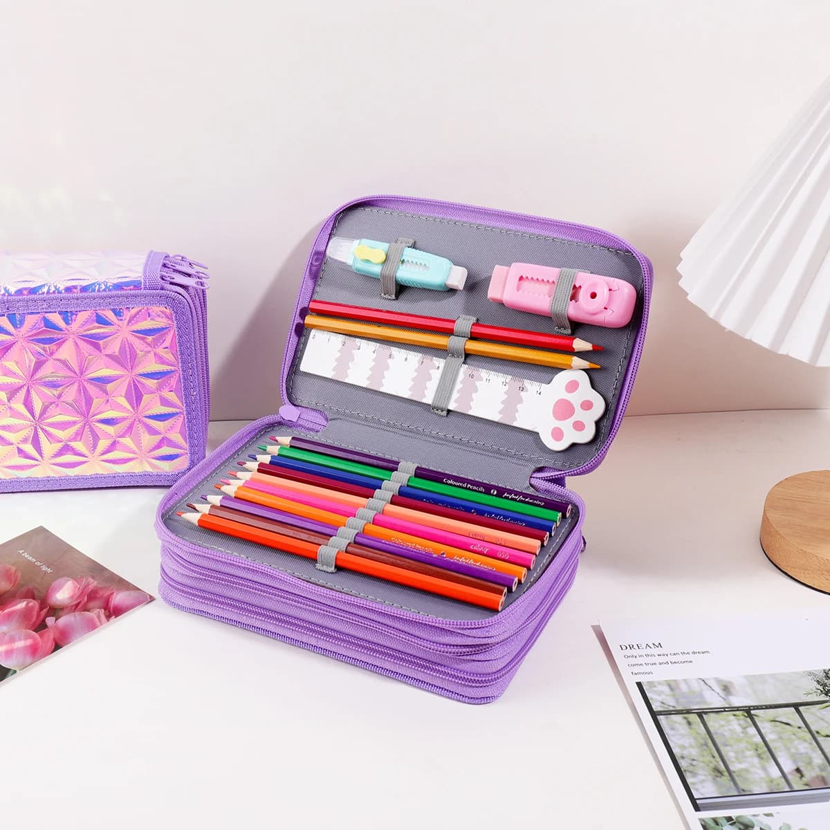 3 Zipper Large Capacity Holographic Pencil Case, Colored Pencil Organizer Bag Art Supplies for Students Artists School