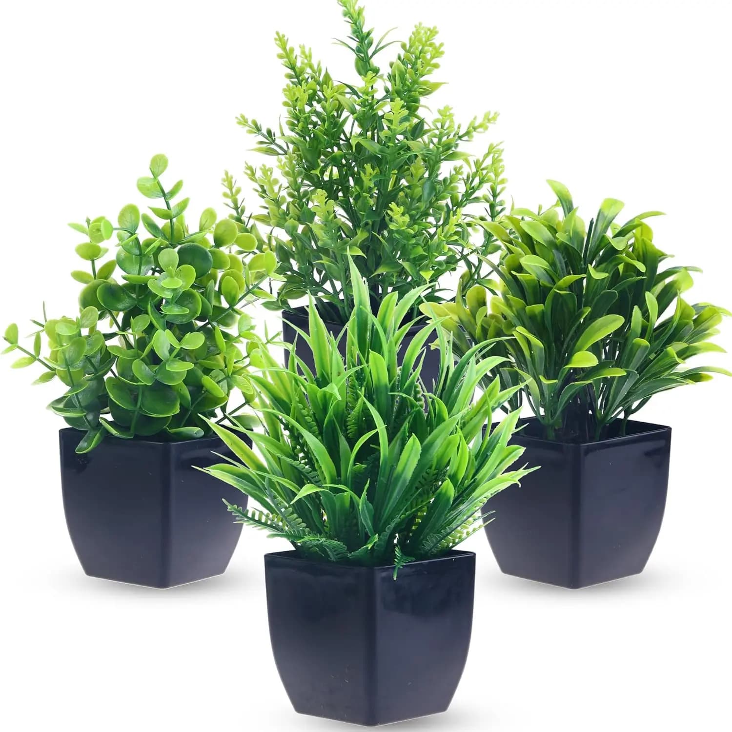 4 Pack Fake Plants in Black Pot Mini Artificial Eucalyptus Potted Plant Small Faux Grass Greenery Potted for
