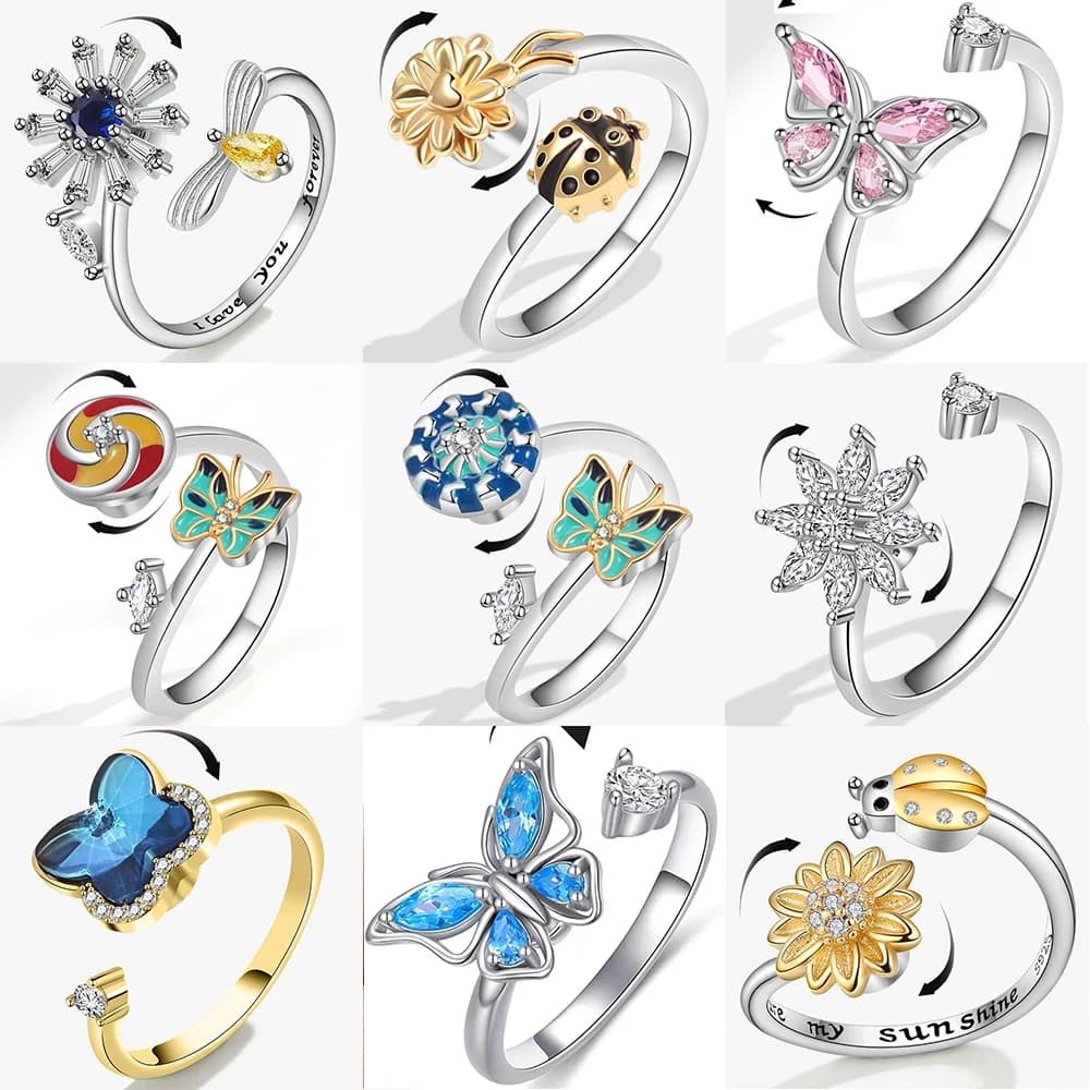 Mini farfalla insetto fiore donna anello di ansia rotante Anti Stress regolabile anello a snodo aperto Fidget Spinner Anillos