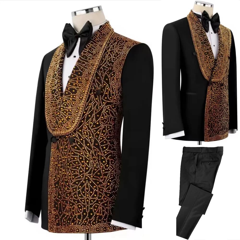 Elegante completo da uomo per matrimonio, set da 2 pezzi, giacca e pantaloni con perline di diamanti, abbigliamento formale, smoking da sposo, completo Terno Masculinos.
