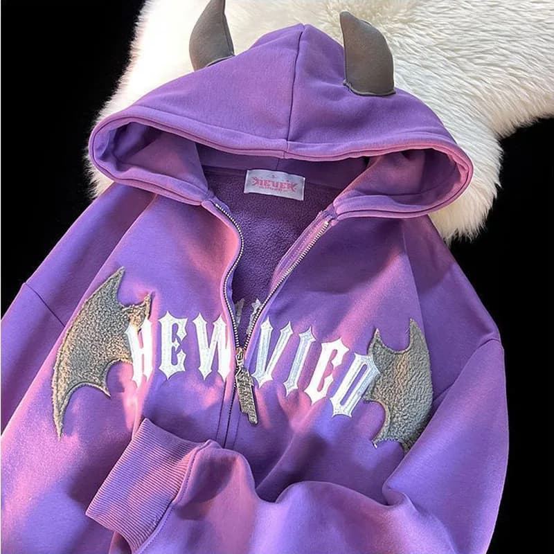 Hip Hop Dark Bat Wing Devil Horn Gothic Zip Up felpa con cappuccio giacca uomo donna felpa oversize Kawaii Clothes Harajuku Winter Y2K