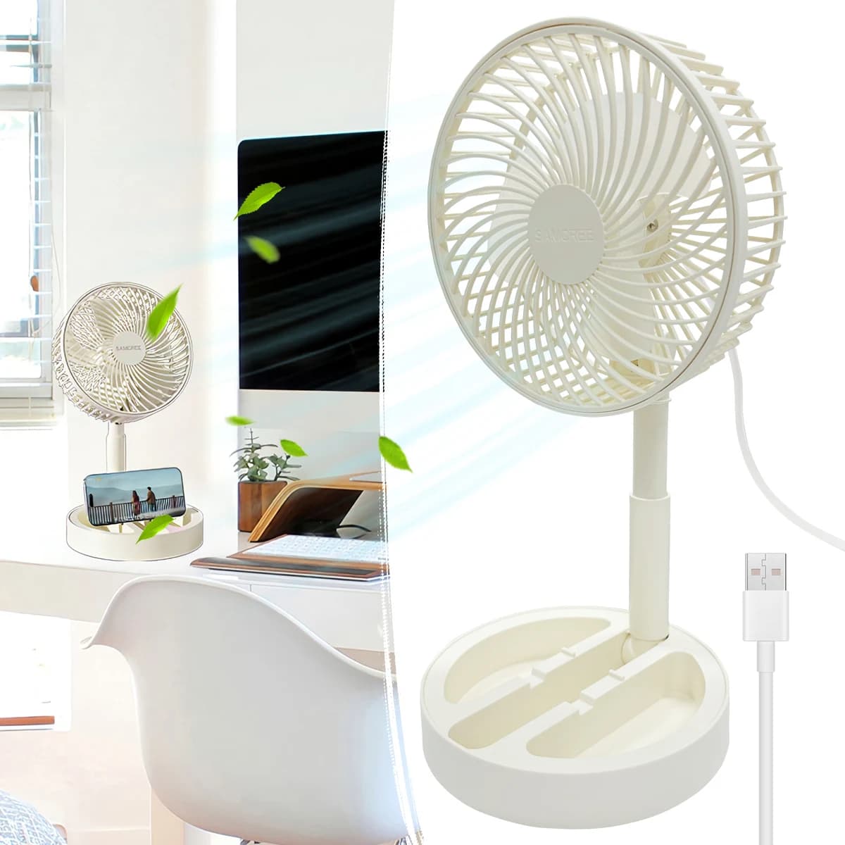 Foldable table air circulation for domestic use with small USB plug-in fan for indoor and outdoor