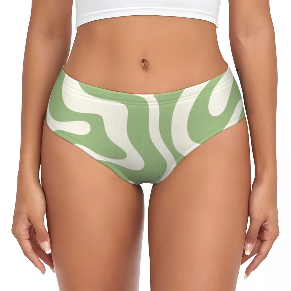 Slip da donna elasticizzati con motivo astratto a spirale liquida verde salvia, regalo di San Valentino