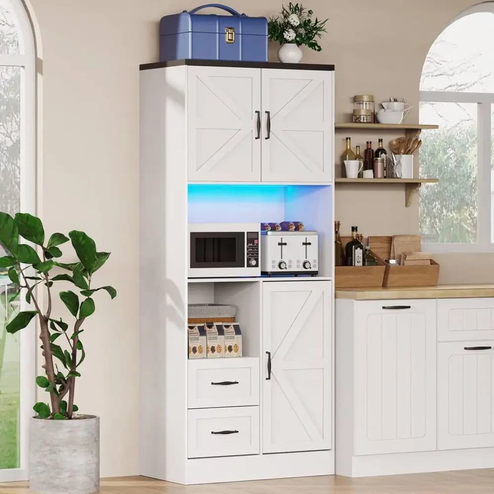 White Kitchen Pantry Cabinet with LED Lights, Power Strip, Tall Storage, Microwave Stand & Barn Doors for Dining Room
