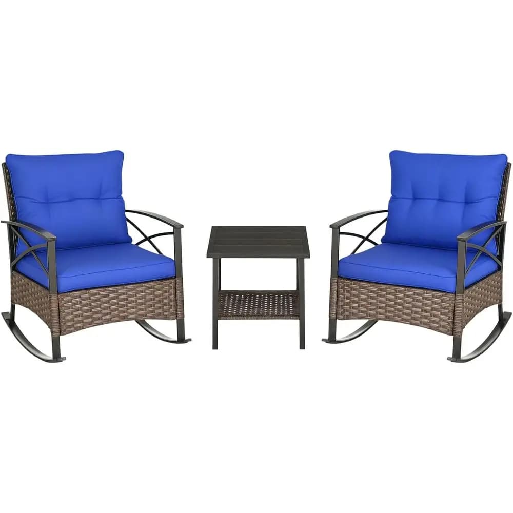 3-Piece Outdoor Wicker Rocking Chair Set with Cushions and 2-Tier Coffee Table in Blue