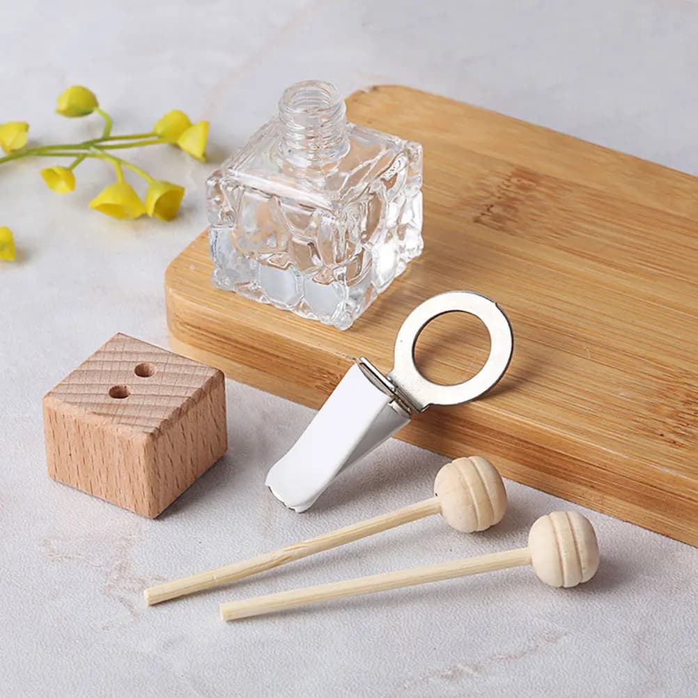 6Pcs Air Vent Car Diffuser Bottle Wooden Top Refillable Glass Essential Oil Perfume Fragrance Decoration Car Air Freshener