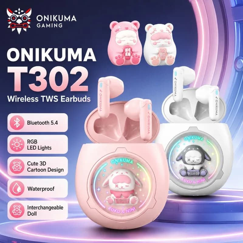 ONIKUMA T302 TWS Wireless Earbuds Bluetooth 5.3 Cute Pet RGB Light In Ear Earphones ENC Call Waterproof For Music Sport Gaming