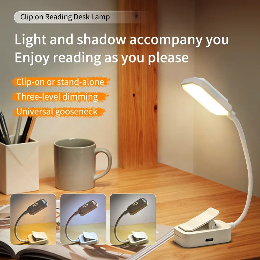Mini Lampada LED da Lettura Ricaricabile con Clip, Luce Notturna a 3 Colori, Lampada da Scrivania Flessibile Portatile per Ufficio