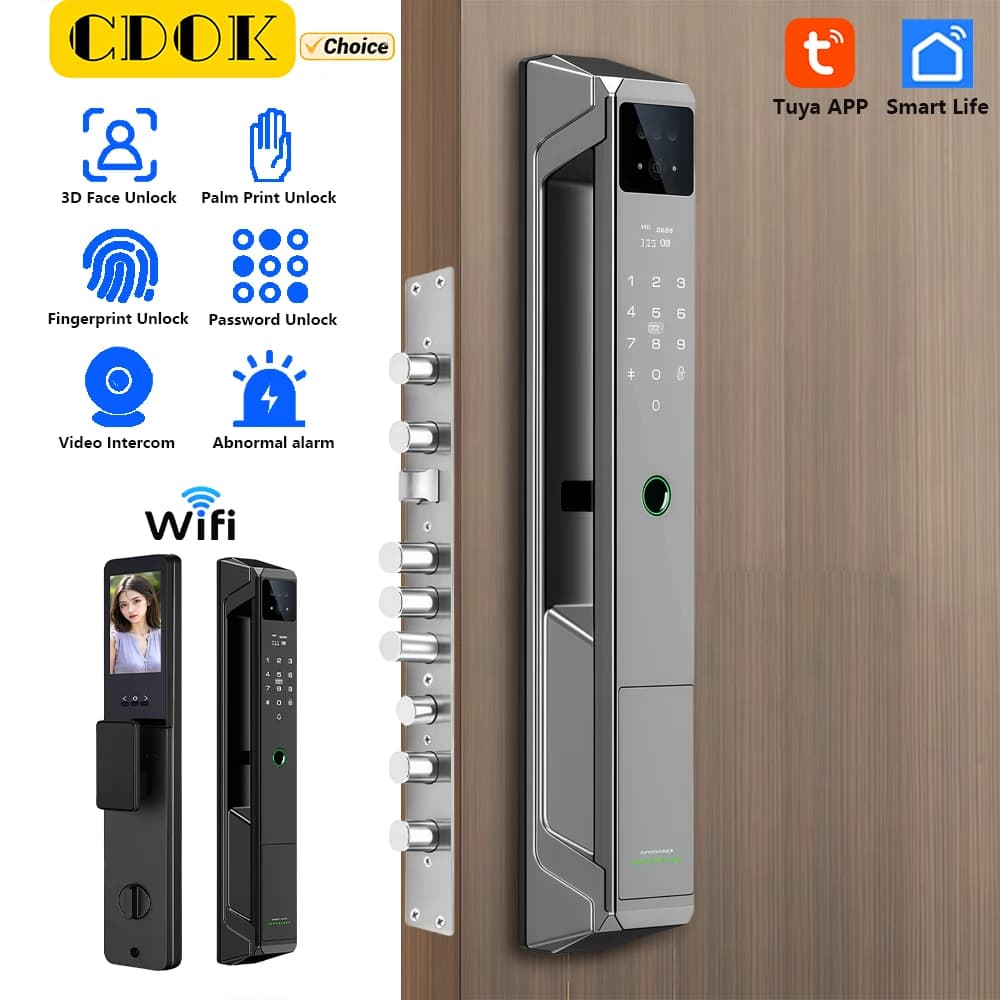 CDOK P8 Tuya WiFi Smart Lock, 21 lingue, videocitofono remoto, sblocco facciale, nero/grigio
