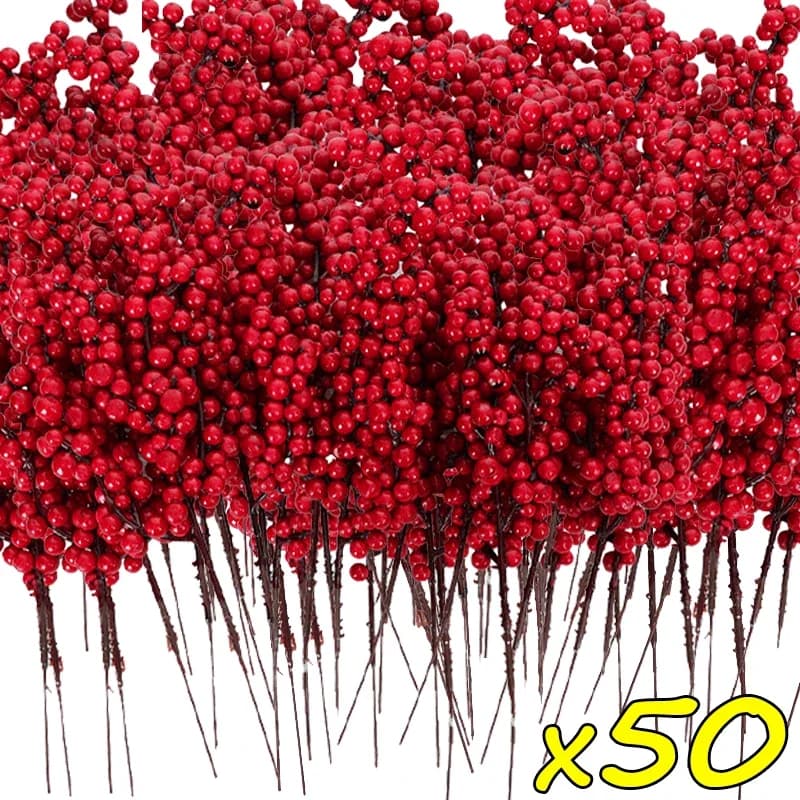 50/1 ramo di bacche artificiali di Natale stelo bacche di agrifoglio rosso fiori finti pianta per albero di Natale festa di Capodanno decorazioni per la casa ornamento