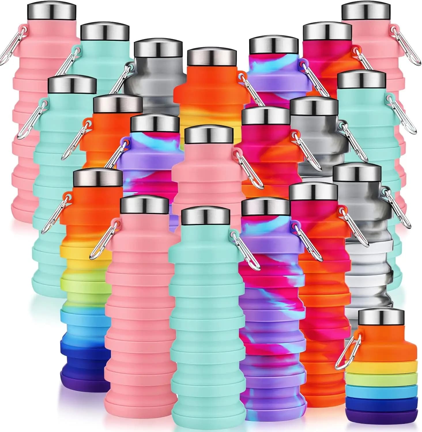 Pack of 20 foldable 17 ounces silicone water bottles - Stagnated, portable, reusable with travel clips, excursions, camping (tie-dye)
