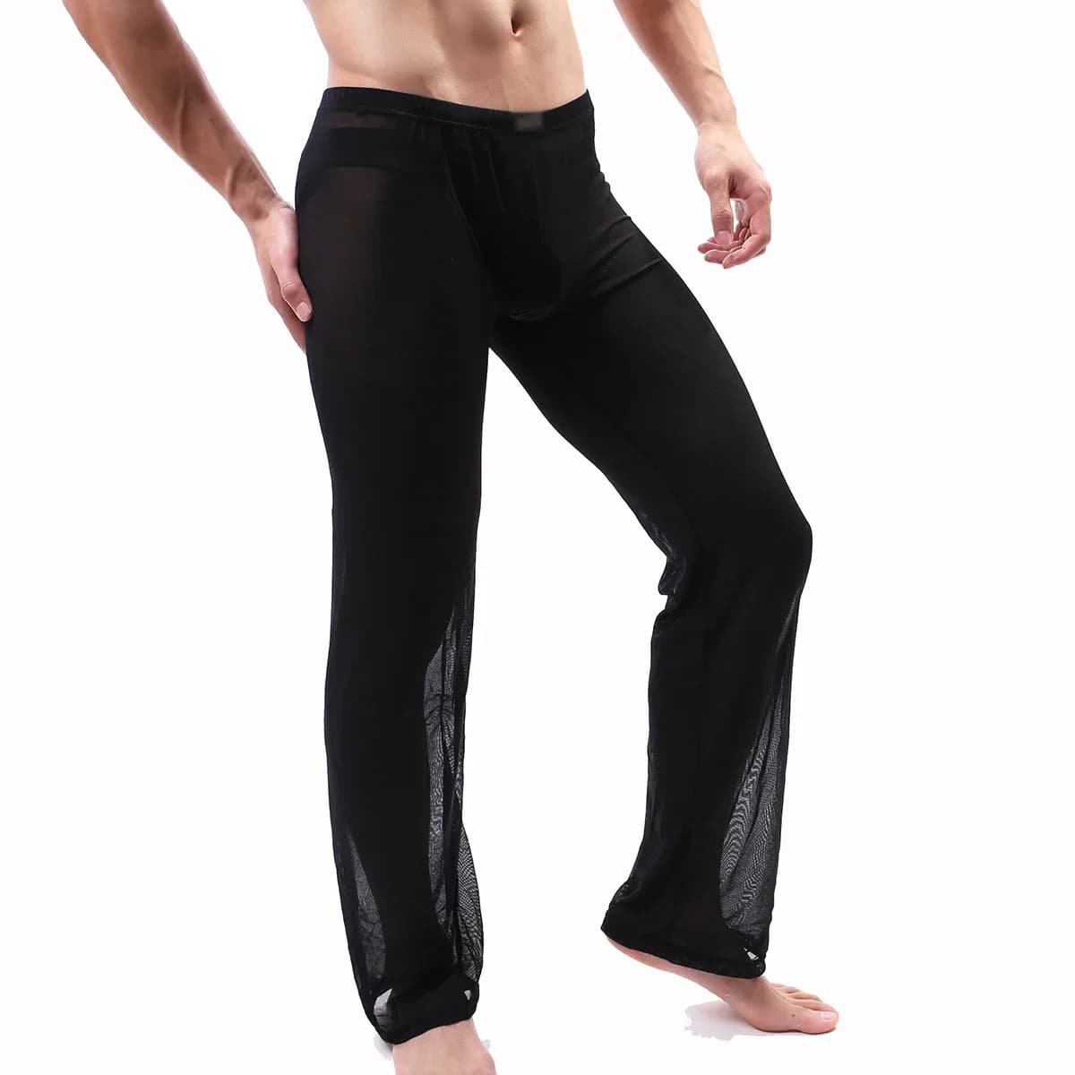 Pantaloni da notte da uomo sexy Mutande trasparenti in rete ultrasottile Pantaloni da pigiama elasticizzati larghi Pantaloni da seduzione per la casa casual