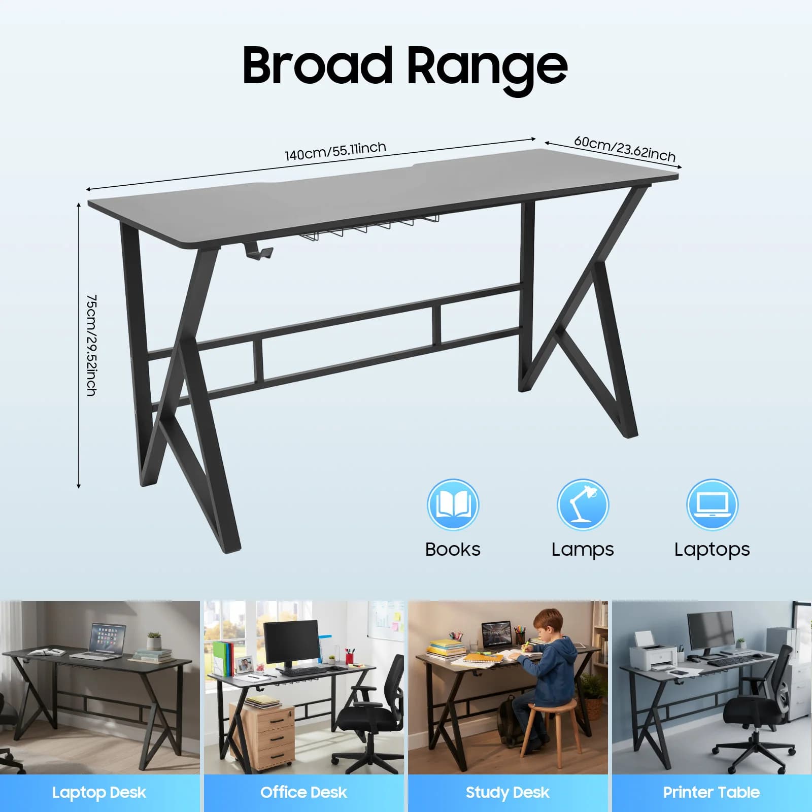 Computer Desk, Home Office Writing Desk, Ergonomic Student Writing Desk Gaming Desk 120x60/140x60