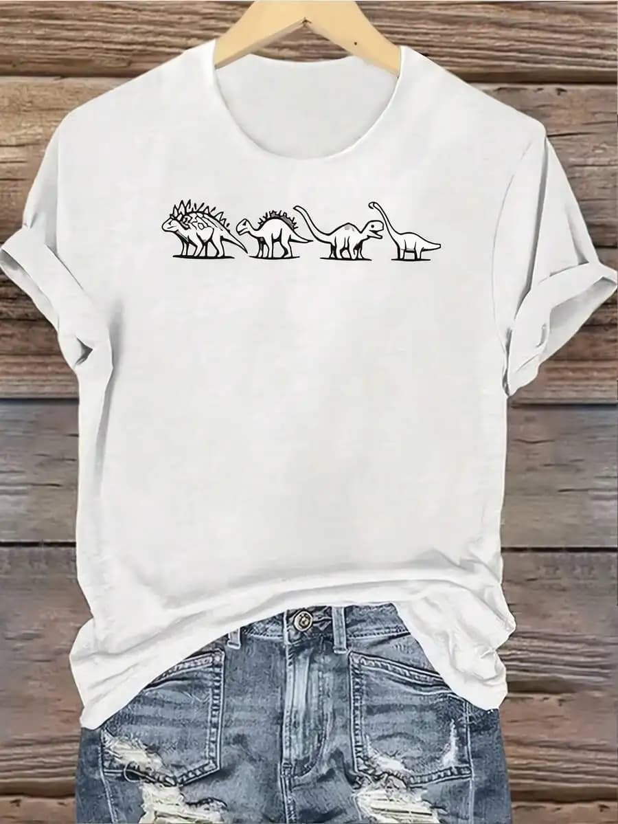 T-shirt da donna con grafica Dinosaur Evolution, casual, girocollo, manica corta, comoda maglietta estiva