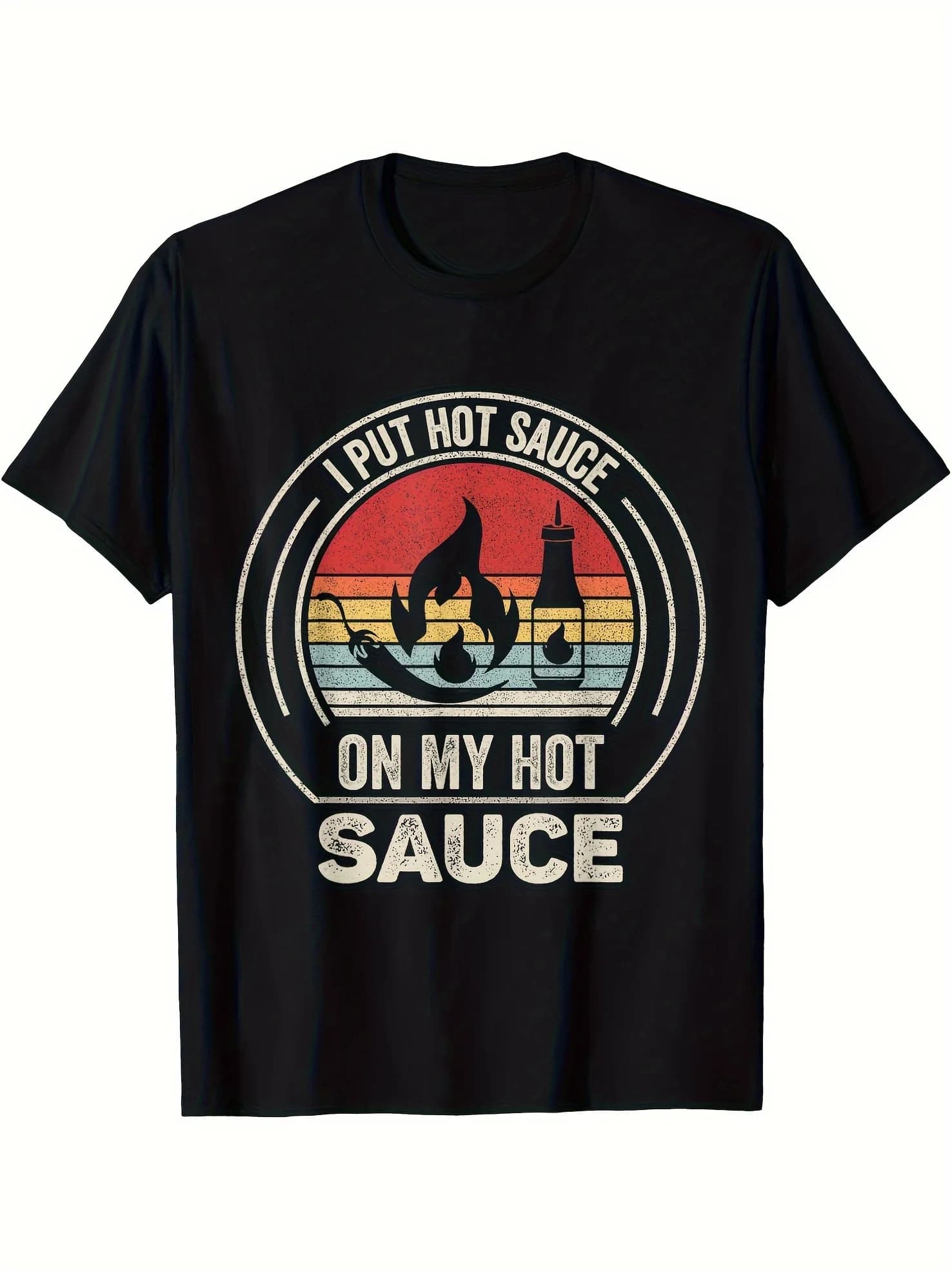 Men's funny T-shirt for chili sauce enthusiasts - Short-sleeved T-shirt with retro flame print “I Put Chili Sauce on My Chili Sauce”