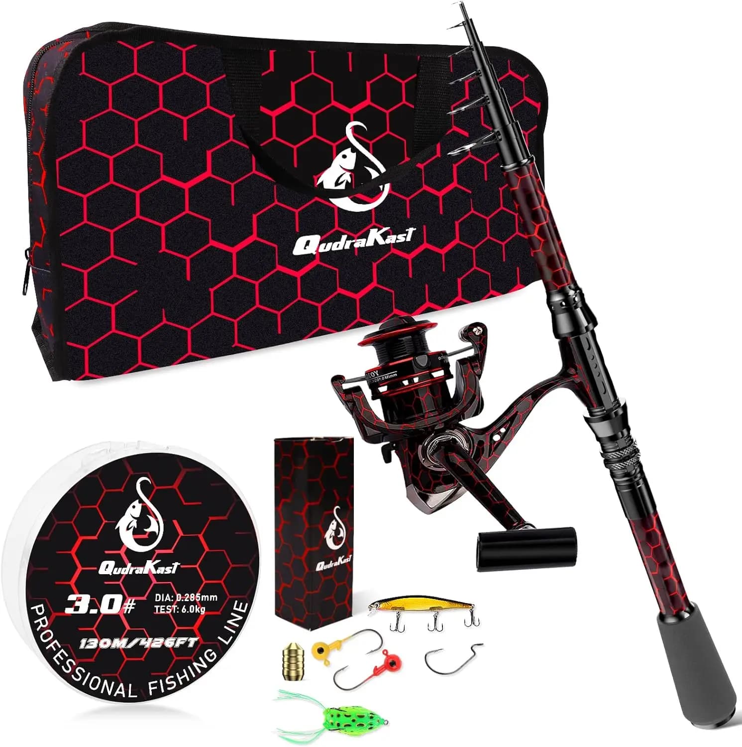 Canna da Pesca Telescopica in Fibra di Carbonio con Design Unico e Verniciatura X-Warping, Kit Combo con Mulinello e Scatola Porta Attrezzi, Rossa 1.8m (5.91ft) (con Borsa)