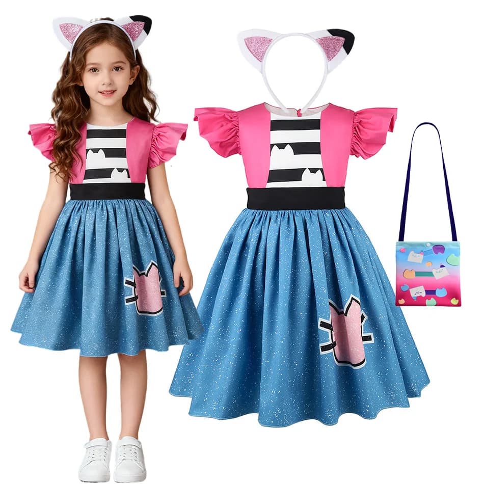 Abito a tema casa delle bambole per ragazze, stampa gatto, orlo con volant, abbigliamento da festa, abito a maniche lunghe, carino abito blu e rosa per le vacanze di compleanno