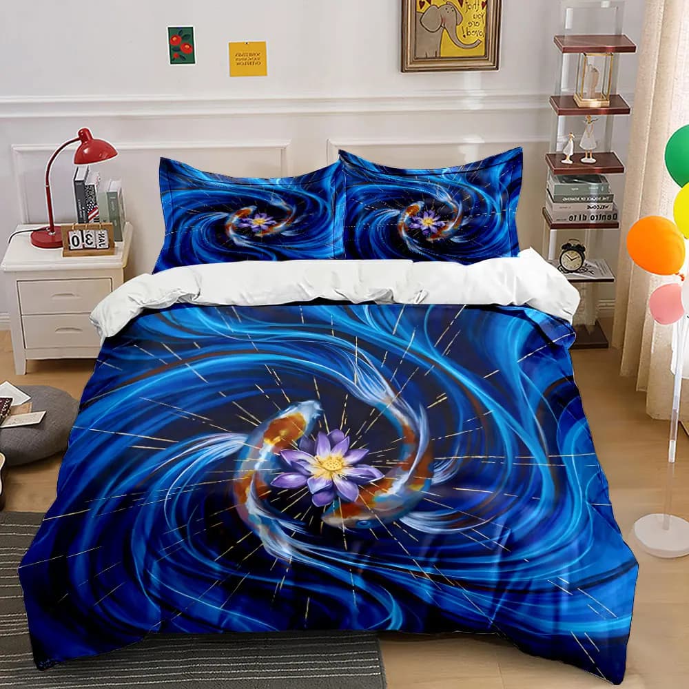 Set di biancheria da letto con stampa Blue Streams con fiori di loto e pesci Koi, 1 copripiumino, 2 federe per adulti e bambini, regalo di lusso, misura completa