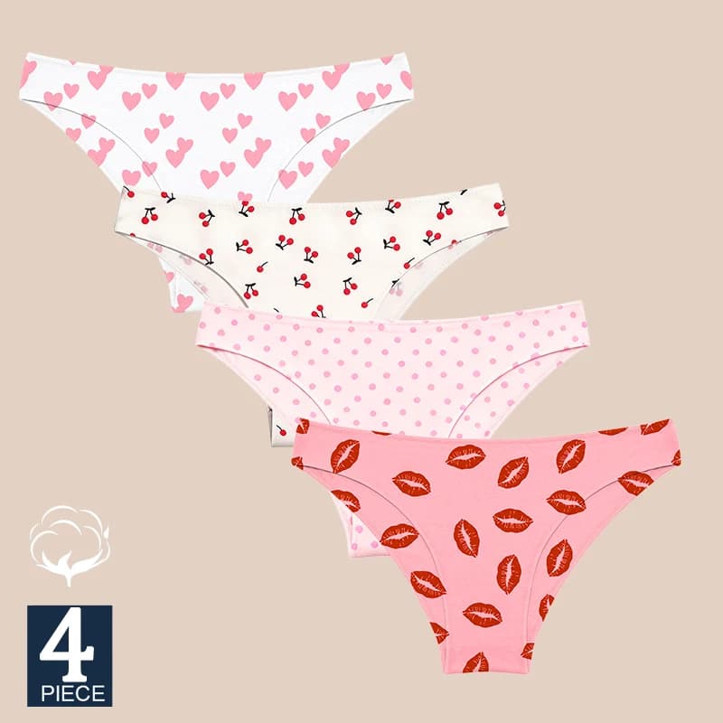 FINETOO 4Pcs Women Low Rise Cotton Bikini Panties Soft Breathable Briefs Female Solid Printed Underwear Ladies Daily Lingerie